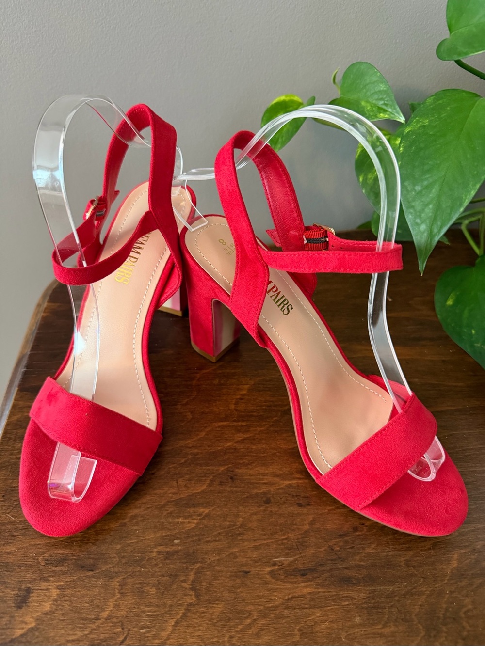 Dreampairs Red Suede Block Heel Sandals with Ankle Strap - Size 8